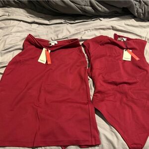 Burgundy, pencil skirt and matching bodysuit with built in shape wear